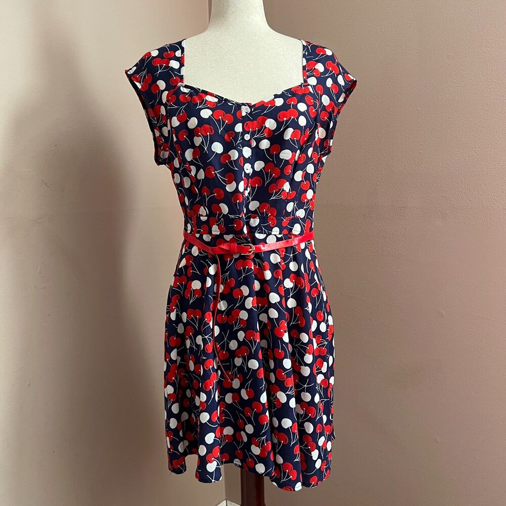 Retro Pinup Navy Red Cherry Print Fit Flare Mini Dress Marilyn Monroe Mod Size L